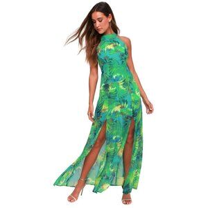 Lulus Dress XS Maxi Fairy Floral Green Asymmetrical Hem Halter Backless Tropical